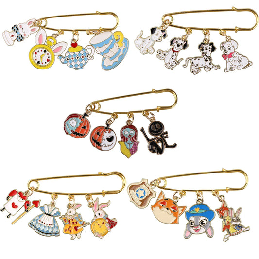 Set of Halloween accessories enamel brooches featuring cartoon pins with animal and spooky designs on gold safety pin bases