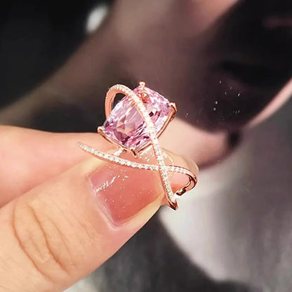 Pink Cubic Zirconia Ring Suitable for Women's Engagement Wedding Luxury Accessories Sparkling Silver Fashion Jewelry Good Vibrations