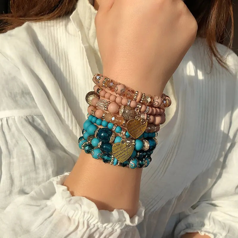 4pcs/set Boho Strand Bracelets For Women Crystal Beads Bracelets Heart Letter Elastic Bangles Wristband Yoga Jewelry Gifts Good Vibrations