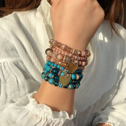 4pcs/set Boho Strand Bracelets For Women Crystal Beads Bracelets Heart Letter Elastic Bangles Wristband Yoga Jewelry Gifts Good Vibrations