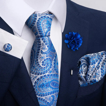 Luxury Mens Ties Floral Black Gold Ties Paisley NeckTie Pocket Square Cufflinks Brooch Set Men's Wedding Party Tie Good Vibrations