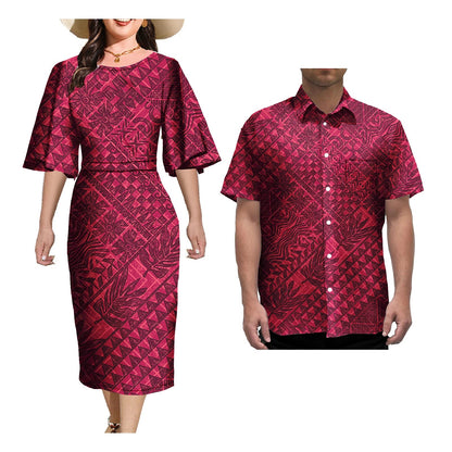 Couple Outfit Sets Elegant Dresses Women Sexy Skirt Samoa Tattoo Printed Polynesian Casual Dress Matching Men Shirts Good Vibrations