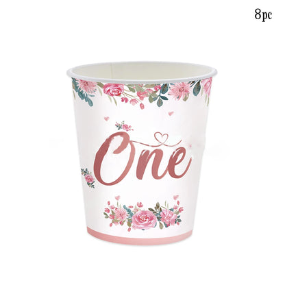 Pink Flower One Year Old Birthday Party Disposable Tableware Babyshower Girl Pink Paper Plates Baby Girl 1st Birthday Party Deco
