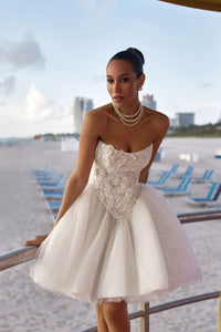 Affordable Short Bridal Dress - Shiny Tulle Skirt with Lace Applique, Ruffled Hem - Perfect for Casual Weddings Good Vibrations