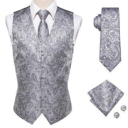 Hi-Tie Black Men Silk Vest Paisley Jacquard Necktie Hankerchief Cufflinks Sets Male Sleeveless V-Neck Waistcoat Business Formal Good Vibrations