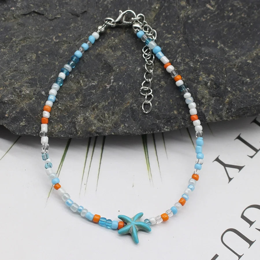 Bohemian Beach Shell Starfish Beaded Handmade Sea Turtle Charm Anklet Bracelet Fashion Jewelry For Women Summer Beach Party Good Vibrations
