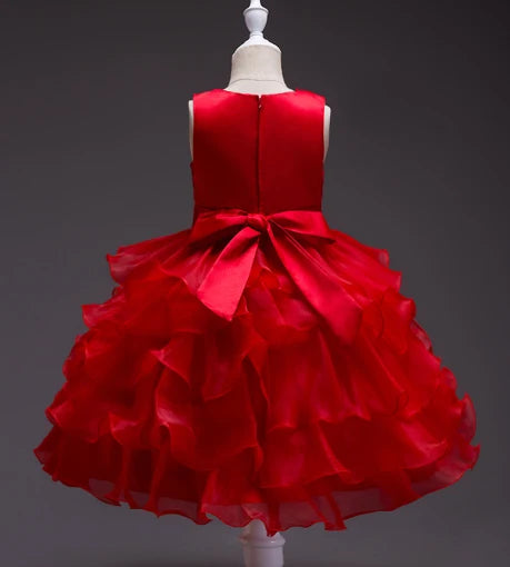 Girl's bow dress A dress with suspenders Rose flower girl wedding dress