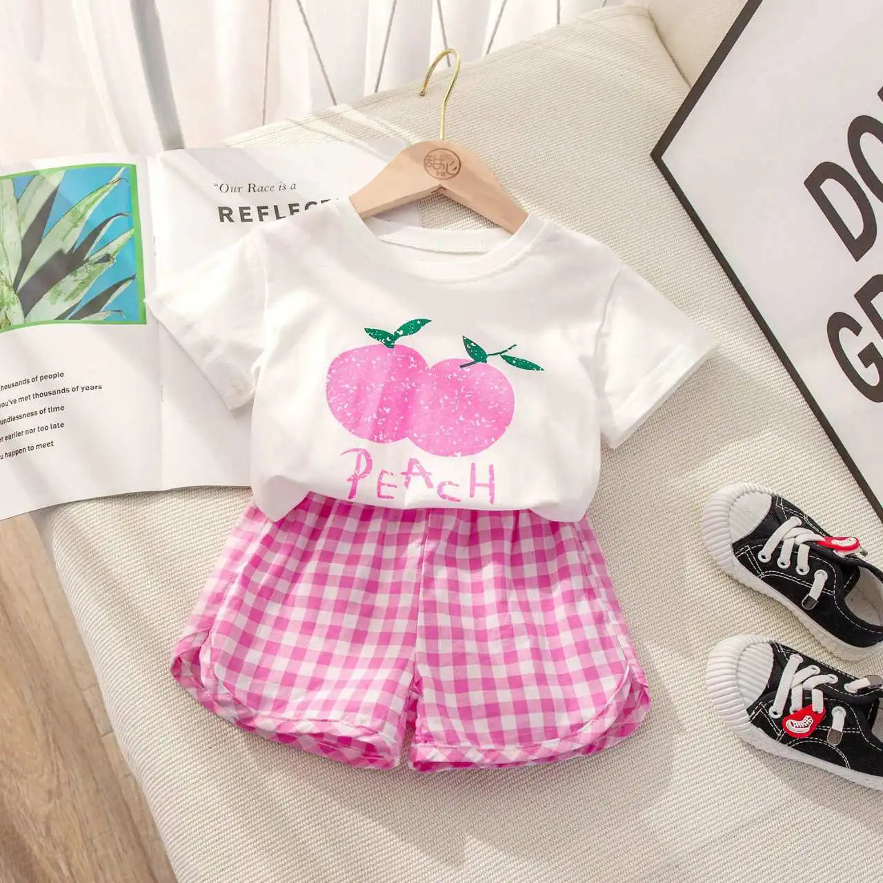 Fruit T-shirt Plaid Shorts Girls 2pc/set Summer Children's Clothes Cotton Kids Short Sleeved Suit Fashion Baby Clothing 1-6Y Good Vibrations