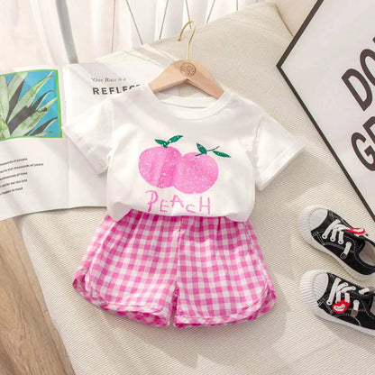 Fruit T-shirt Plaid Shorts Girls 2pc/set Summer Children's Clothes Cotton Kids Short Sleeved Suit Fashion Baby Clothing 1-6Y Good Vibrations