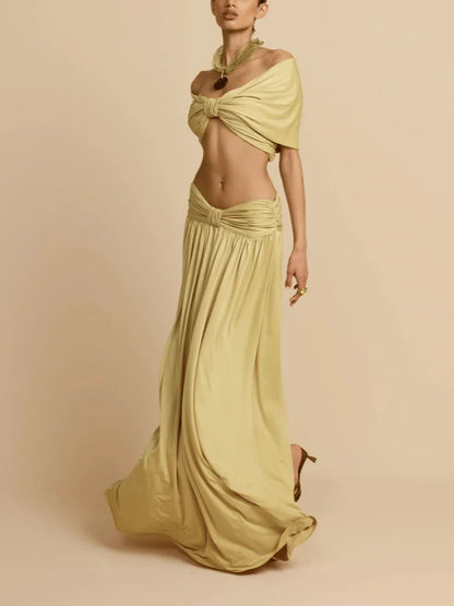Women's Elegant 2 Piece Outfit | High Waist Draped Long Skirt & Off Shoulder Sleeveless Crop Top for Party Daily Good Vibrations