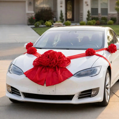 Large Wedding Car Front Decor Full Set Romantic Floral Ball Flower Arrangement Ribbon Bows Bridal Main Car Decor Good Vibrations