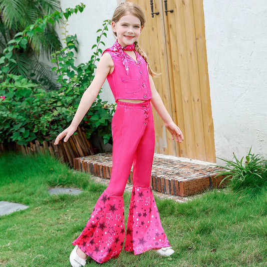 2023 Movie Pink Girl Costume Hot Starry Top Pants Set for Girl Ladies Halloween Birthday Party Princess Kid Costume 3PCS Good Vibrations