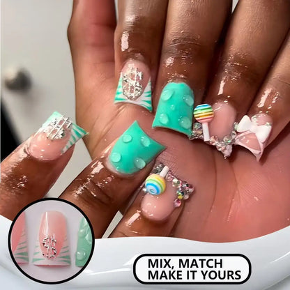 24pcs Nude Pink Sweet Fake Nails Short Duckbill Leopard Print French False Nails With 3D Bowknots Butterfly Cherry Press On Nail Good Vibrations