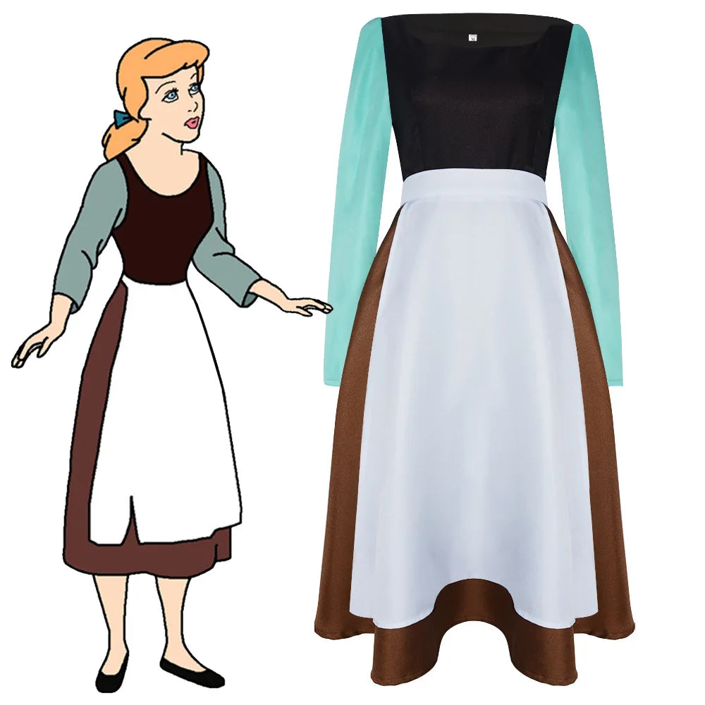 Anime Cinderella cosplay costume with brown dress, light blue sleeves, and white apron for women and adults