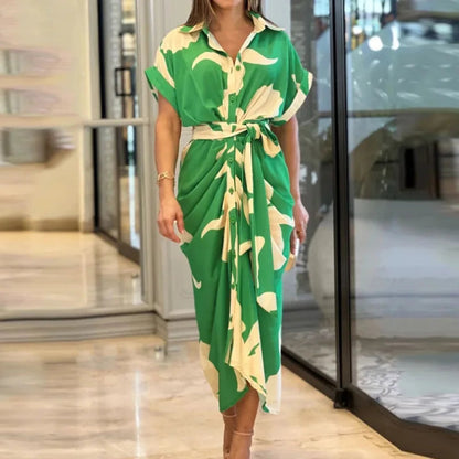 Elegant Dresses For Lady Vestidos 2026 Woman Dress Vestido Commuting Temperament Printed Irregular Leace-up Lapel Slim Contrast Good Vibrations