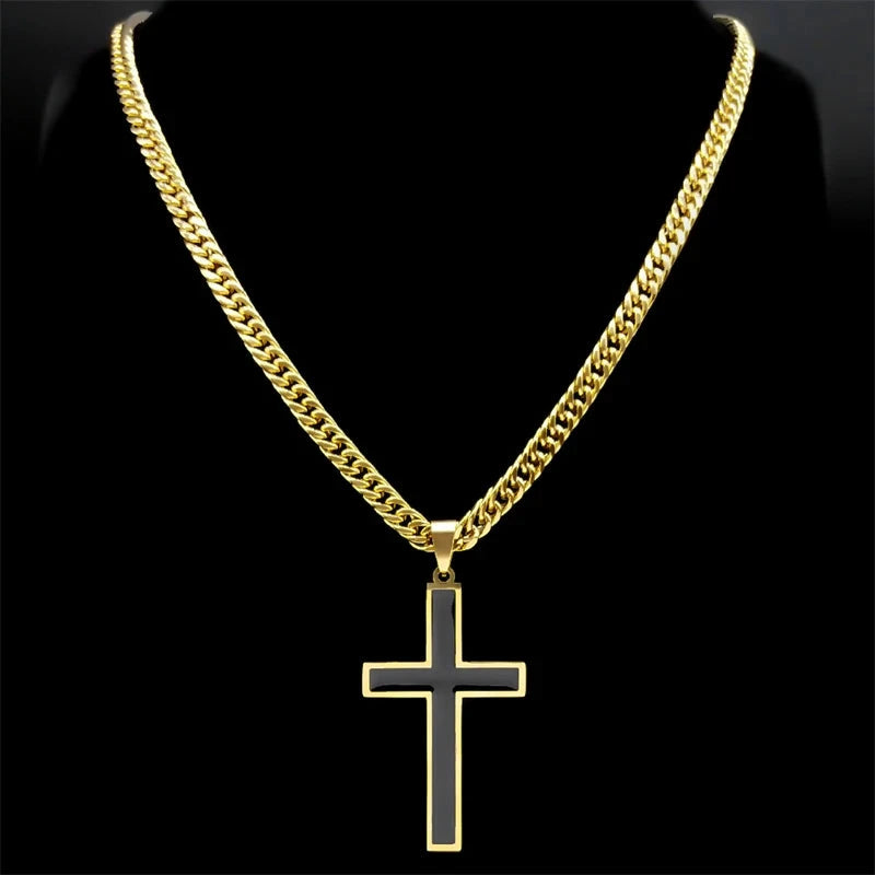 Punk Hip Hop Black Cross Pendant Necklace for Women Men Stainless Steel Gold Color Male Jesus Christ Chain Jewelry colar N8236S0 Good Vibrations