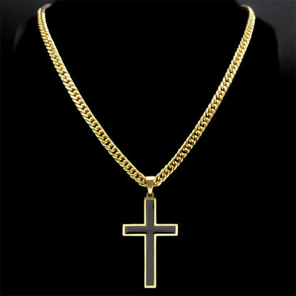 Punk Hip Hop Black Cross Pendant Necklace for Women Men Stainless Steel Gold Color Male Jesus Christ Chain Jewelry colar N8236S0 Good Vibrations