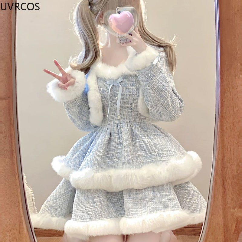 Korean Style Elegant Tweed Plaid Dress Sets Women Plush Patchwork Short Woolen Jackets Sexy Bow Mini Skirt Japanese Fashion Suit