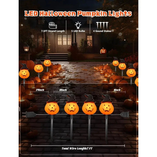 Halloween Pumpkin Pathway Lights Outdoor 4PCS Jack O Lantern Pumpkin Light with Stake Outdoor LED Walkway Lights for Halloween Good Vibrations