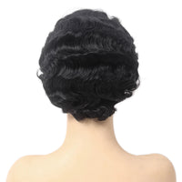 REEWES fShort Curly Finger Wave Wigs With Oblique Bangs 1920s Retro Wavy Cosplay Costume Wig Classy Vintage Wavy Style For Women Good Vibrations