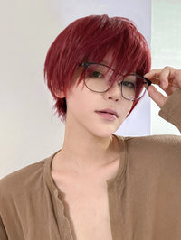 8Inch Wine Red Color Handsome Synthetic Wigs With Bang Short Straight Hair Wig For Man or Women Daily Use Cosplay Heat Resistant Good Vibrations