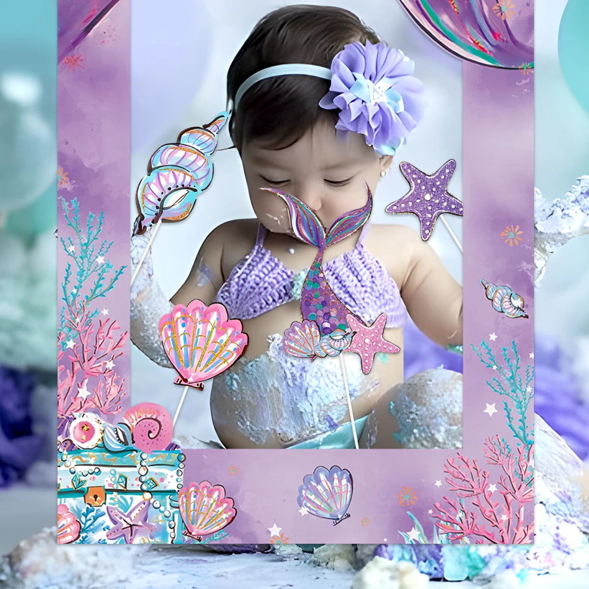 Mermaid photo Frame Background Little Mermaid Tail Birthday Party Decor Kids Girl Baby Shower Birthday Party Supplies Backdrop Good Vibrations