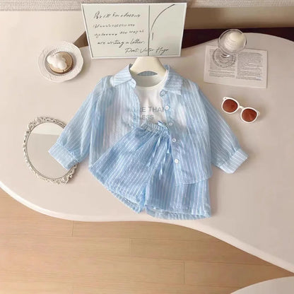 3Pcs Girls Clothing Sets Summer Cool Blouse Shirt+shorts+T-shirt Children Clothes Suits New Kids Outfits Set 2-7Yrs Good Vibrations