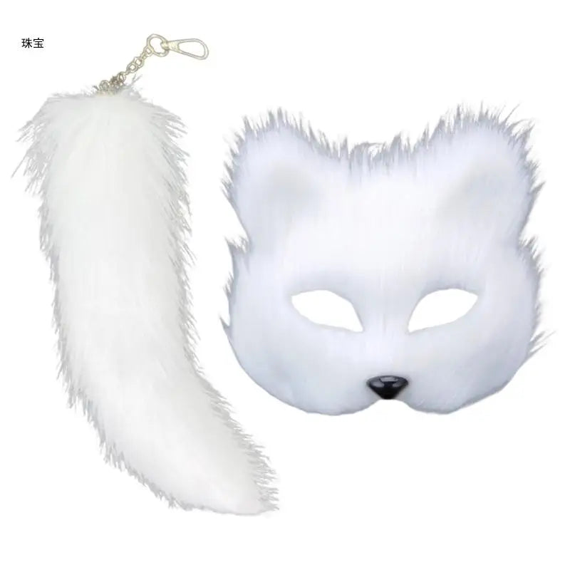 Faux Furs Foxes Tail Cats Mask Therian Mask and Tail Halloween Cosplays Party GOOD Vibrations