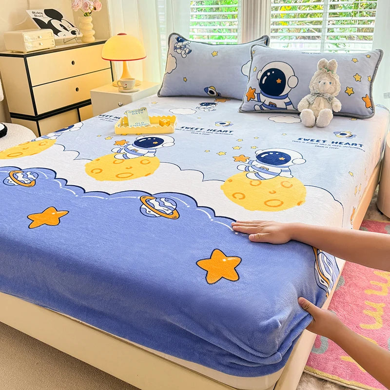 Queen Double Size Bed Sheet Polyester Elastic Fitted Sheet Velvet Soft Flannel Warm Mattress Cover King Full Twin Size Winter