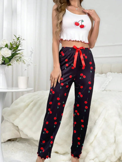 Y2K Coquette Cherry Print Pajama Set Womens Cami Crop Top Pants Two Piece Sleepwear Loungewear Summer Spring Autumn Outfits Good Vibrations