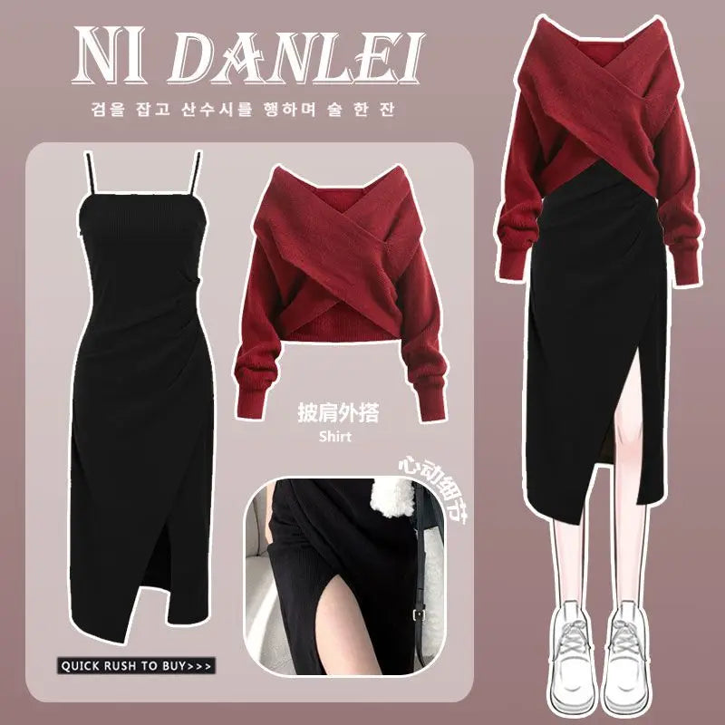 Women Dress 2 Piece Sets Strap Vintage Dresses Long Sleeve Tops Female Outfits New Spring Fall Good Vibrations