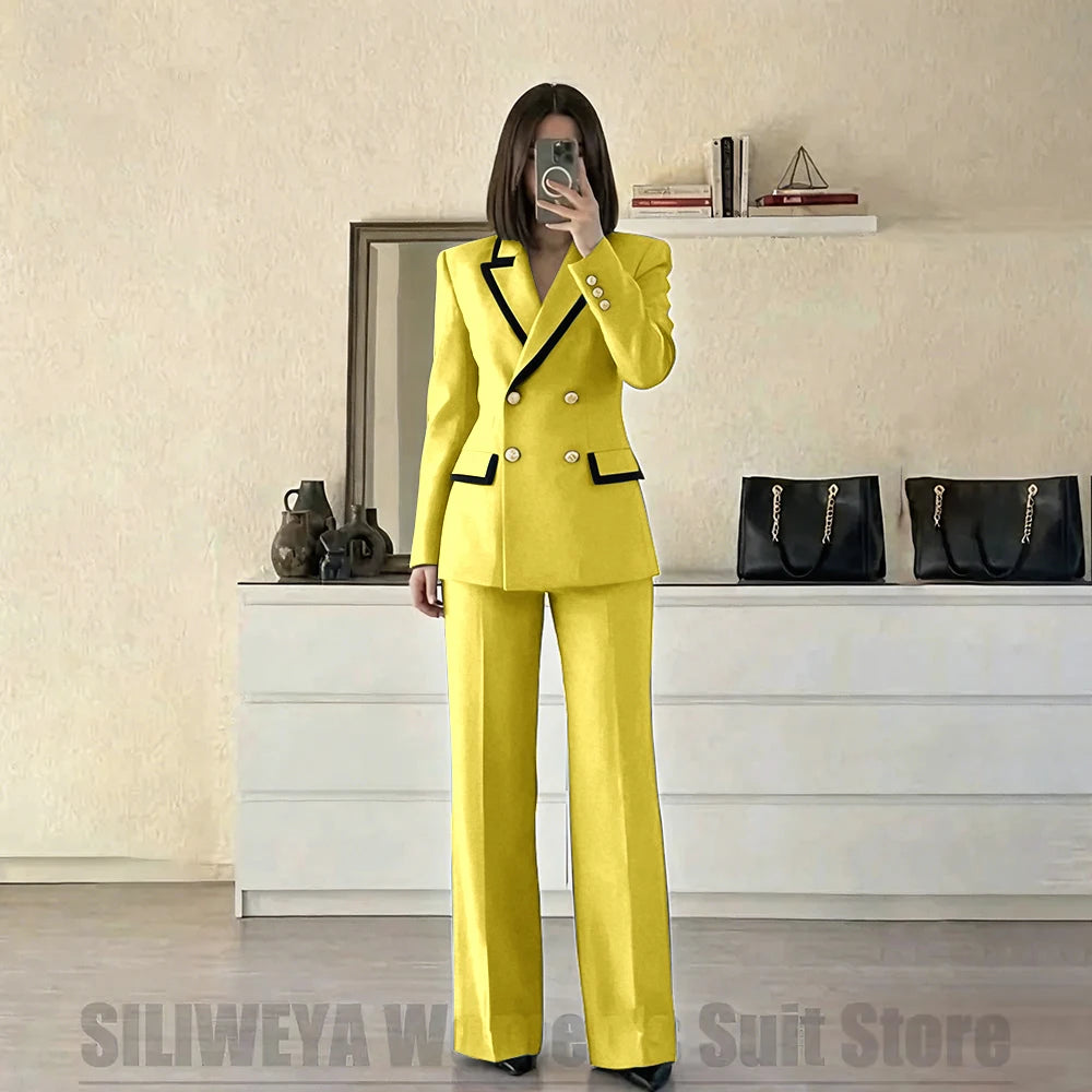 Women's Red Suit Two Piece Set Double Breasted Blazer with Black Trim and Pants Elegant Formal Fashion Daily Casual Party Tuxedo Good Vibrations