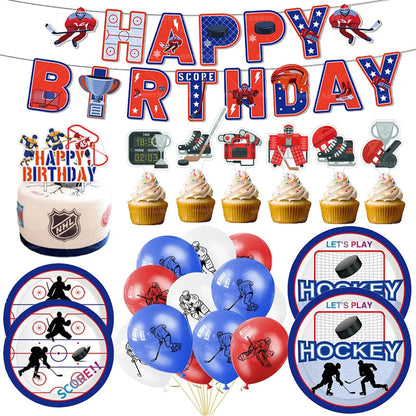 Hockey Themed Birthday Party Decorations Balloons Set Happy Birthday Banner Cake Topper Sports Theme ice hockey Party Supplies Good Vibrations