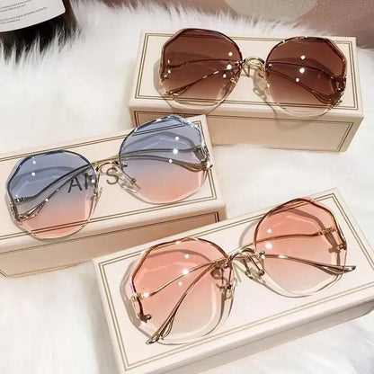 Rimless Sunglasses Polygon Fashion Popular Women Men Shades Big Frame Round Sun Glasses for Female Oculos Gradient Sunglasses Good Vibrations