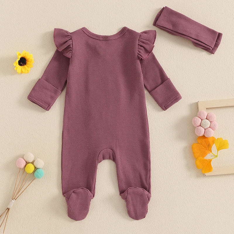 Spring Autumn Baby Toddler Girls Jumpsuit Infant Newborn Baby Girls Long Sleeve Crew Neck Ruffles Footies Rompers Baby Clothes Good Vibrations