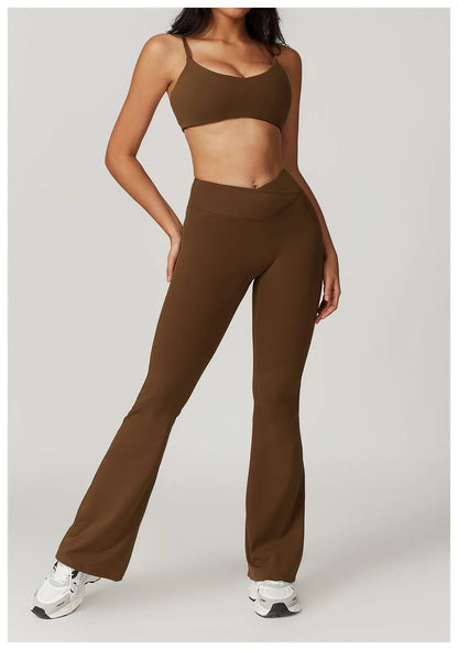 High Waist Crossover Flare Yoga Leggings for Women V Cross Tummy Control Wide Leg Bell Bottoms Fitness Pants Gym Leggings Good Vibrations