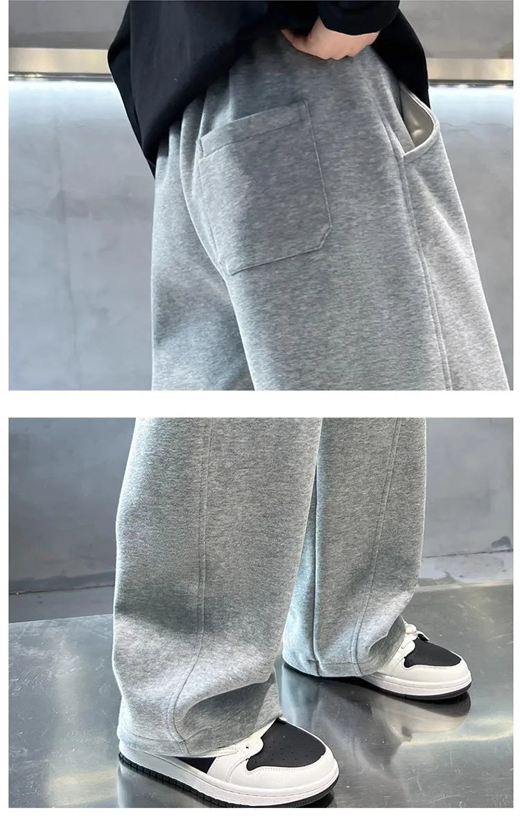 2026 New Spring Casual Kids Pants Black Elastic Waist Straight Leg Sweatpants for Boys Loose Pocket Children Trousers Good Vibrations