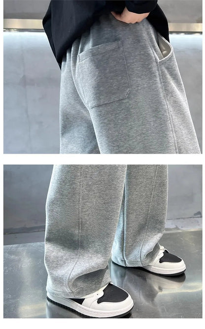 2026 New Spring Casual Kids Pants Black Elastic Waist Straight Leg Sweatpants for Boys Loose Pocket Children Trousers Good Vibrations
