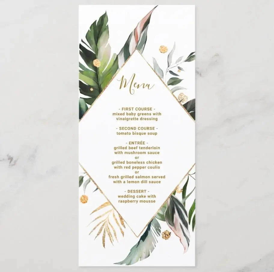 Customizable Wedding Menu, Personalized Wedding Menu, Green leaves and Flowers Menu Cards for Wedding, Custom Wedding Table Menu Good Vibrations
