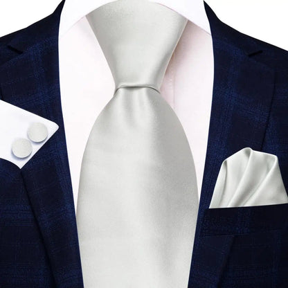 Men's Ties White Sliver Hanky Cufflinks Set Silk Neck ties For Men Wedding Party Business Mens Tie 2022 New Fashion Brand Hi-Tie Good Vibrations