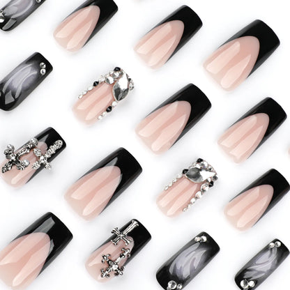 24pcs Glossy Black Fake Nails For Spicy Girls Shimmery Rhinestone French Style Cross Press On Nail Mid-length Coffin Cool Nails Good Vibrations