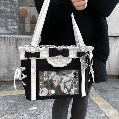 JIAERDI Lolita Cute Bow Shoulder Bag Ladies Harajuku Leather Square Large Capacity Ita Bag Anime Handle Purse Y2K Tote Bag 2025 Good Vibrations