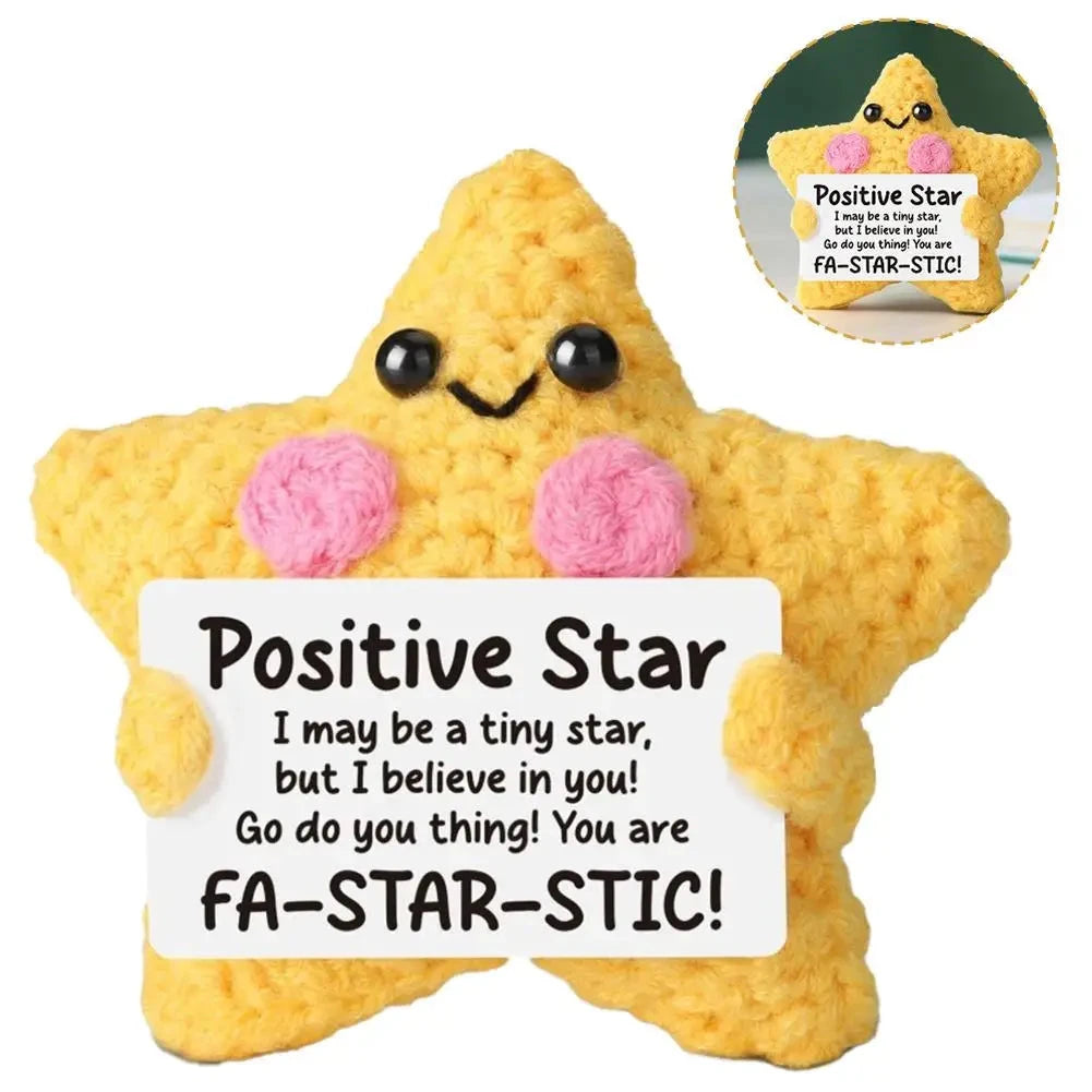 Cute Handwoven Positive Energy Star Ornaments Pocket Hug Crochet Doll Mini Handmade Knitted Plush Home Room Decor Party Gift Good Vibrations