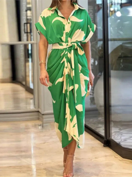 Elegant Dresses For Lady Vestidos 2026 Woman Dress Vestido Commuting Temperament Printed Irregular Leace-up Lapel Slim Contrast Good Vibrations