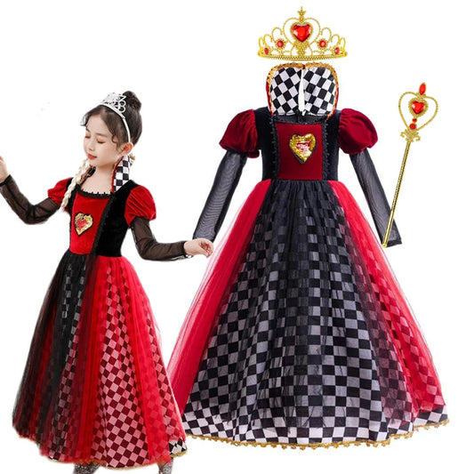 Halloween Queen of Hearts costume for girls with red and black checkered ball gown dress and heart detail