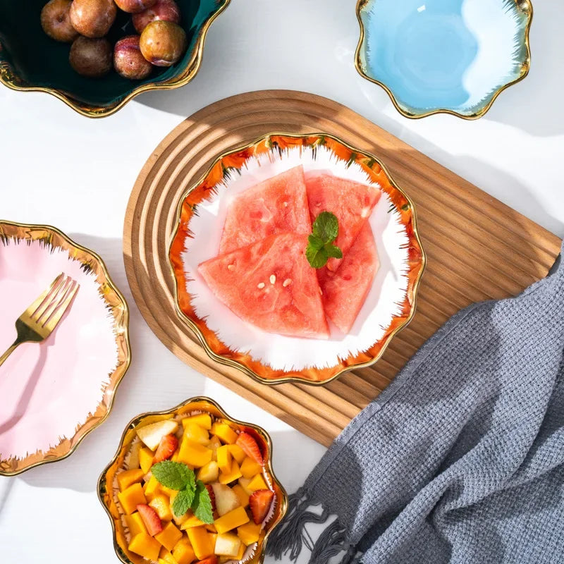 Nordic Luxury Ceramic Bowl Plate Set Tableware Creative Salad Vegetable Fruit Plate Dessert Noodle Bowl Crockery 8 inch Good Vibrations