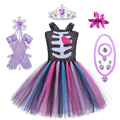 Halloween Kids Dress Cosplay Heart Print Skeleton Costumes Girls Floral Skull Tutu Clothes Children Carnival Performance Outfits Good Vibrations