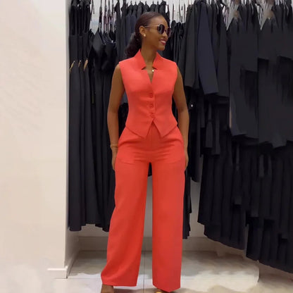 Two Piece Sets Women Pant Set V Neck Sleeveless Single Breasted Blazer Suits Tops Wide Leg Long Pants High Waist Matching Sets Good Vibrations