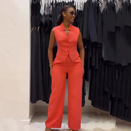 Two Piece Sets Women Pant Set V Neck Sleeveless Single Breasted Blazer Suits Tops Wide Leg Long Pants High Waist Matching Sets Good Vibrations
