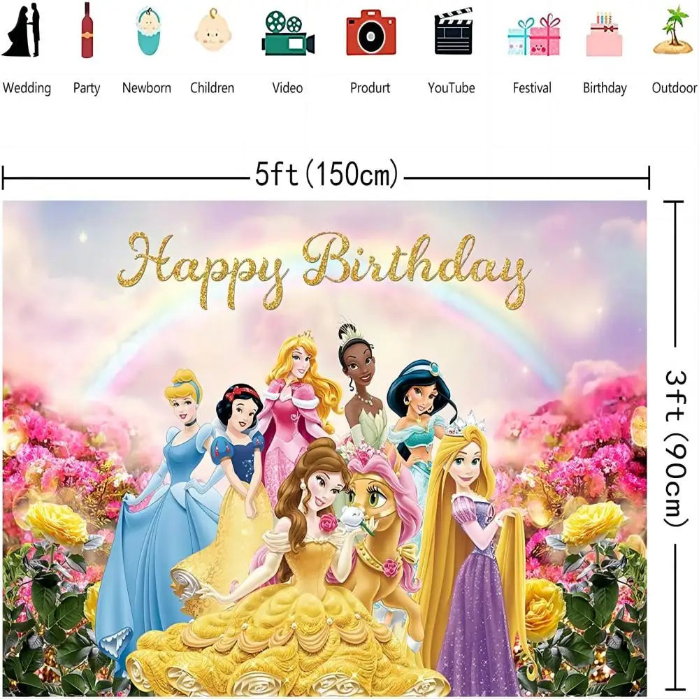 Princess Themed Backdrop Colorful Princess for Girl Photography Background Baby Shower Princess Birthday Background (5X3FT) Good Vibrations